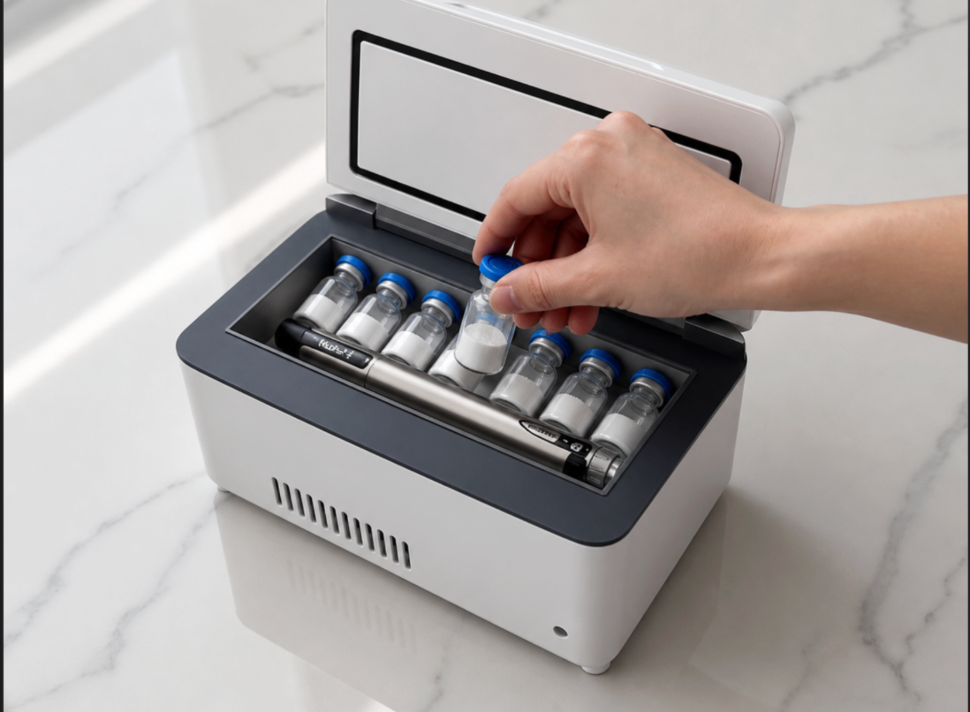 PepCool portable cooler open with vials inside