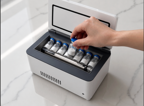 PepCool portable cooler open with vials inside